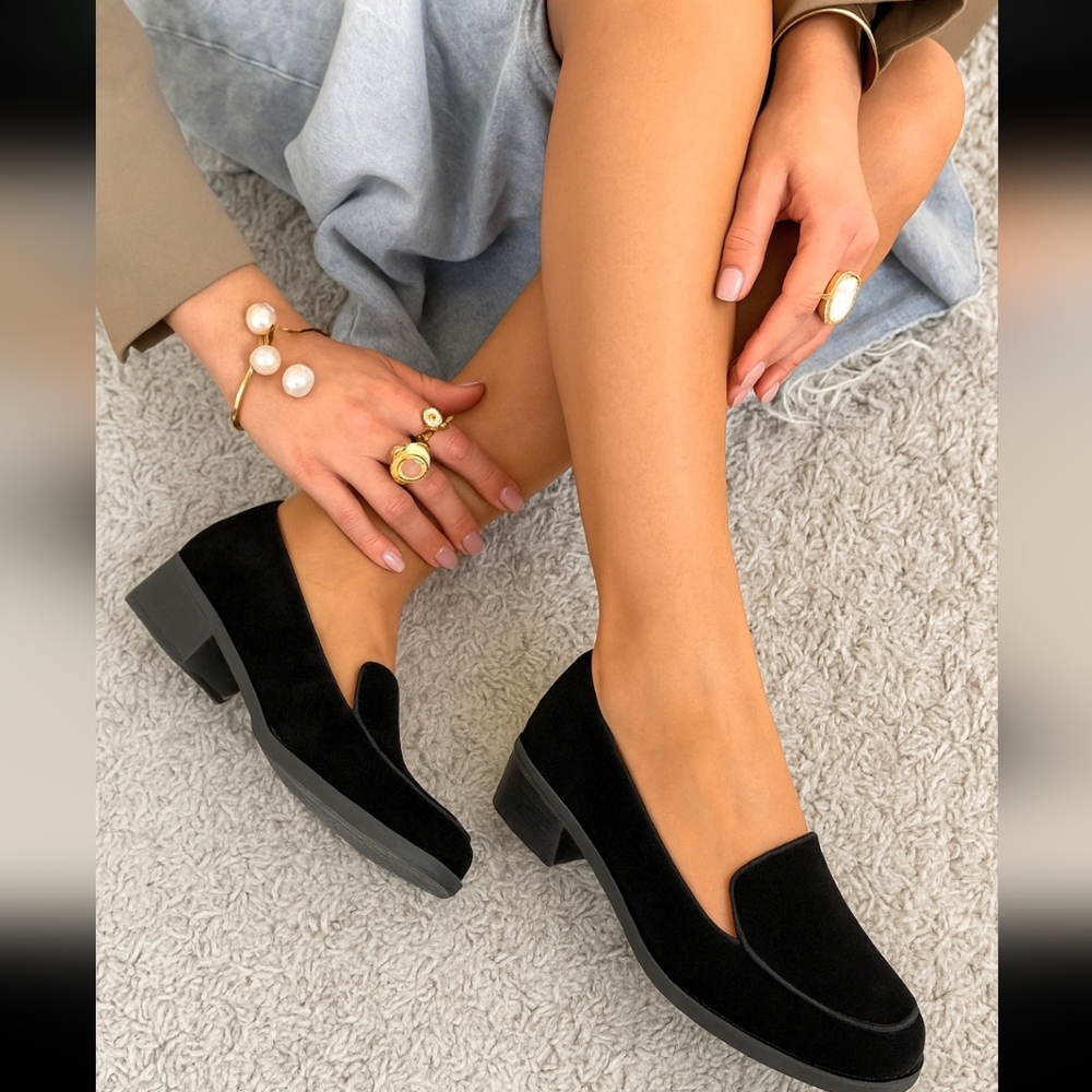Me Too Jazzy Y2K Dark Academia Black Suede Chunk Heel Comfort Loafers 8M